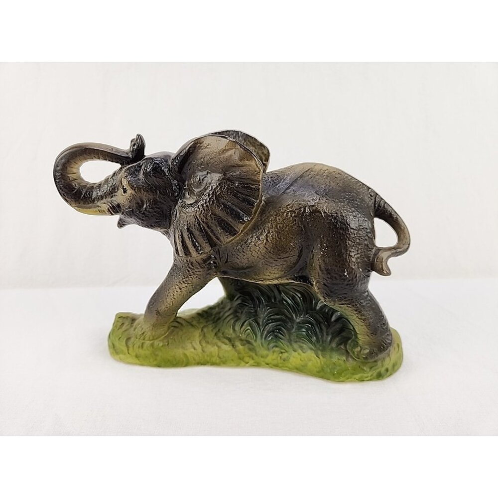 Vintage Ceramic 5" Elephant Figurine‎ Japan Green Gray Trunk Up Desk Decor 1980s